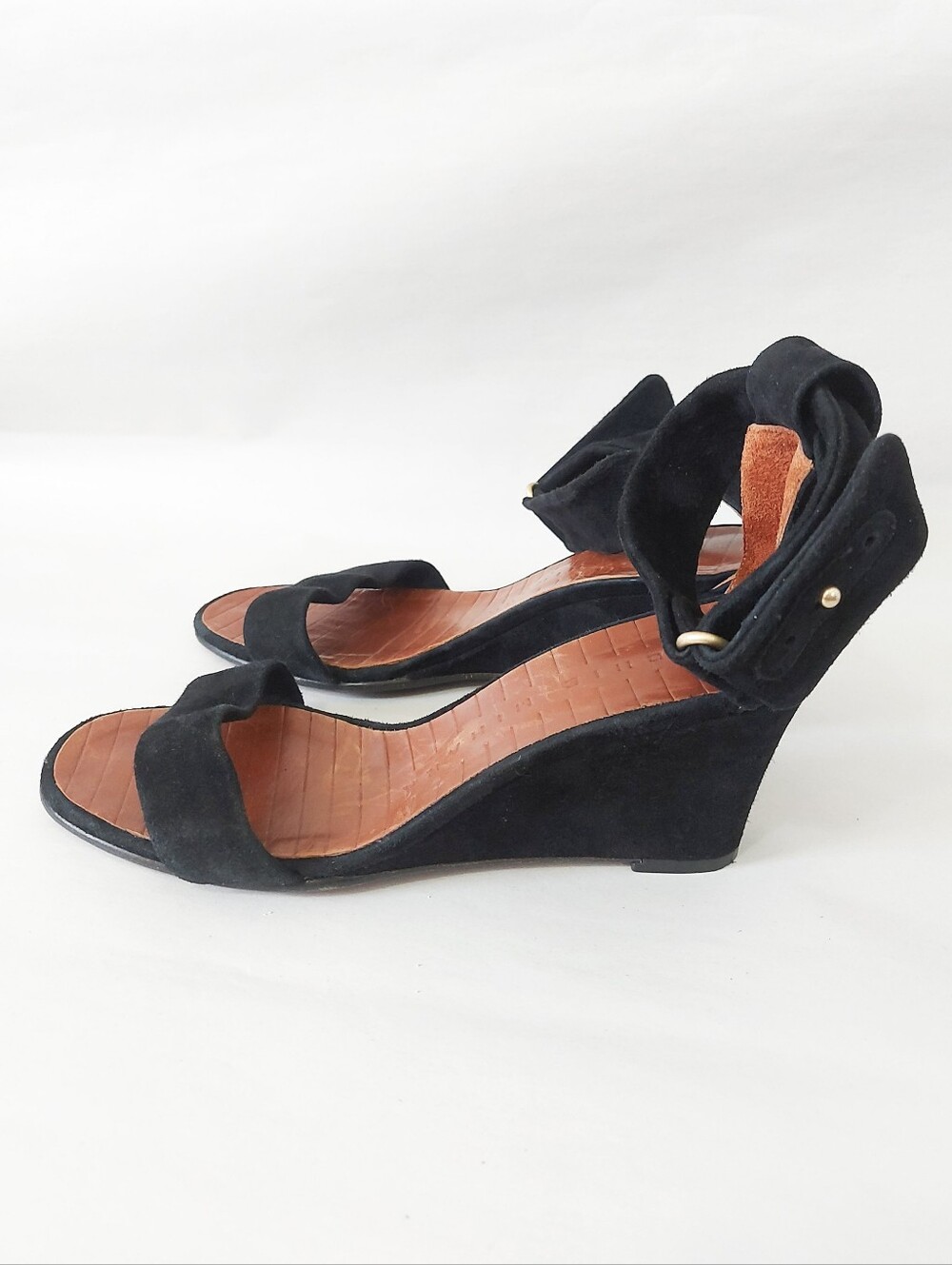 Chie Mihara Women Open Toe Black Suede Ankle Wrap Straps Wedge Sandals Size 38.5